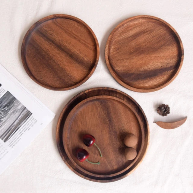 wholesale wooden round plate japanese black walnut round plate cake dessert solid wood tray wooden plate