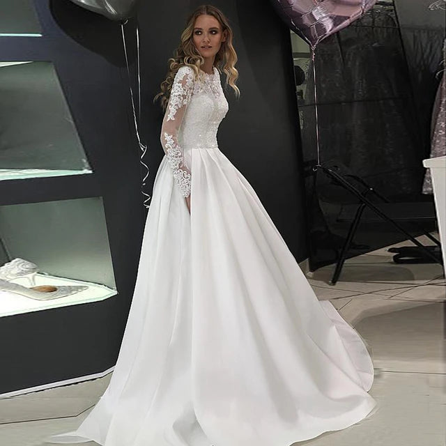 Engagement Formal Wedding Dresses Court Train A-Line Long Sleeve