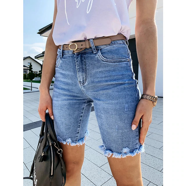Women's Jeans Normal Denim Plain Blue Fashion Mid Waist Knee Length