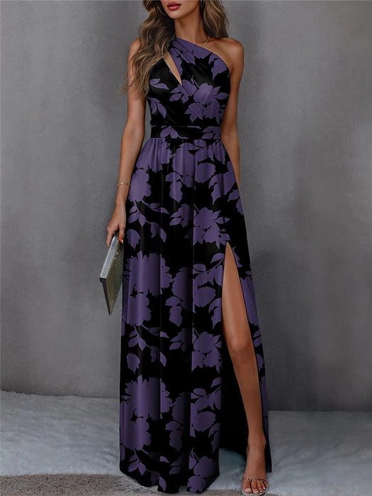 Women's Casual Dress Swing Dress Floral Split Print One Shoulder Long Dress