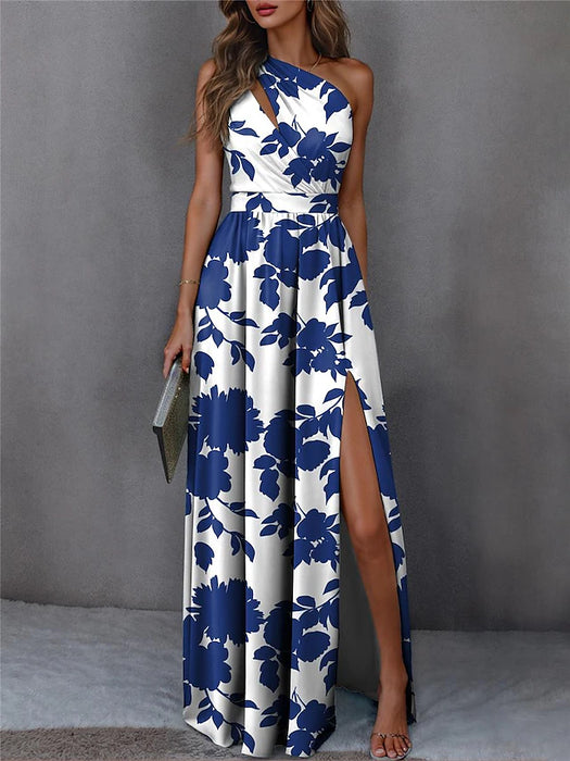 Women's Casual Dress Swing Dress Floral Split Print One Shoulder Long Dress
