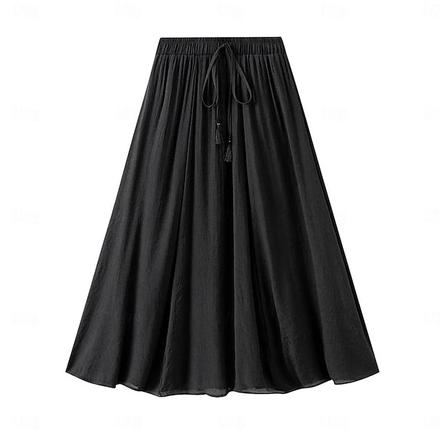 Women's Skirt Linen Skirts Midi High Waist Skirts Drawstring Solid Colored