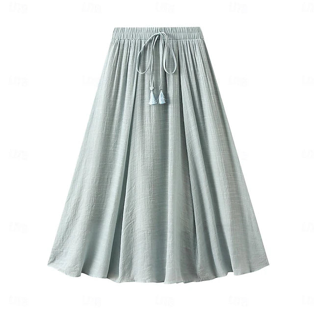Women's Skirt Linen Skirts Midi High Waist Skirts Drawstring Solid Colored