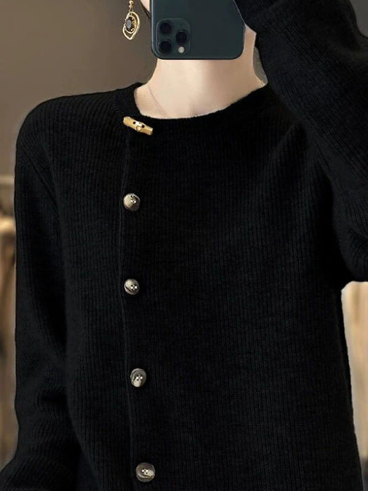 Women's Cardigan Sweater Crew Neck Ribbed Knit Polyester Patchwork Button Fall Winter
