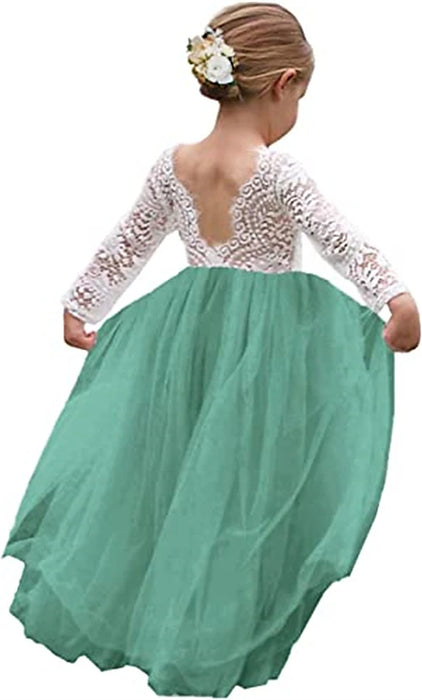 Kids Girls' Flower Dress Backless Tulle Dress Party Ruched Mesh Lace Green White Blue Maxi Long Sleeve