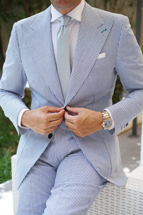 Blue Men's Summer Seersucker Suits Beach Wedding Pinstripe Suit 2 Piece Solid Colored Standard Fit