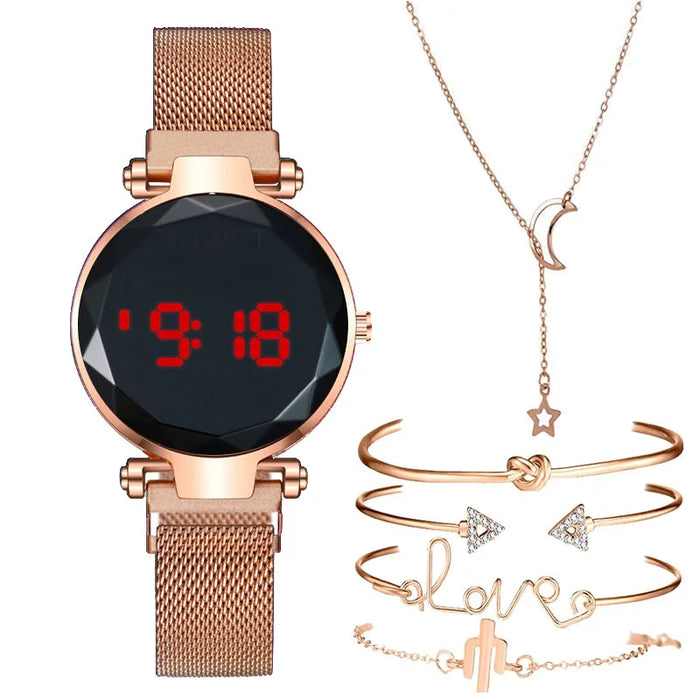 Luxury Magnet Digital Watches For Women Rose Gold LED Quartz Watch Bracelet Necklace set gift
