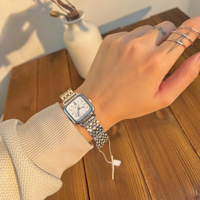 Luxury Fashion Square Women's Watches Brand Ladies Quartz Wristwatch Classic Silver