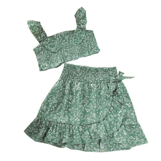 2 Pieces Kids Girls' Floral Skirt & Shirt Set Sleeveless Active Outdoor 3-7 Years Spring Green