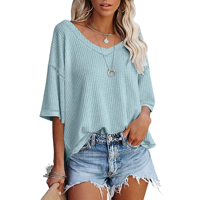 summer v-neck doll sleeve waffle knit loose solid color short sleeve t-shirt top women‘s