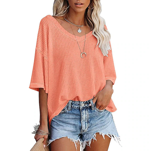 summer v-neck doll sleeve waffle knit loose solid color short sleeve t-shirt top women‘s