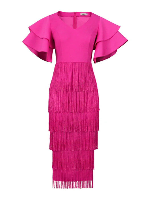 Women's Plus Size Sequin Dress Fringe Dress Party Dress Sparkly Dress V Neck Short Sleeve
