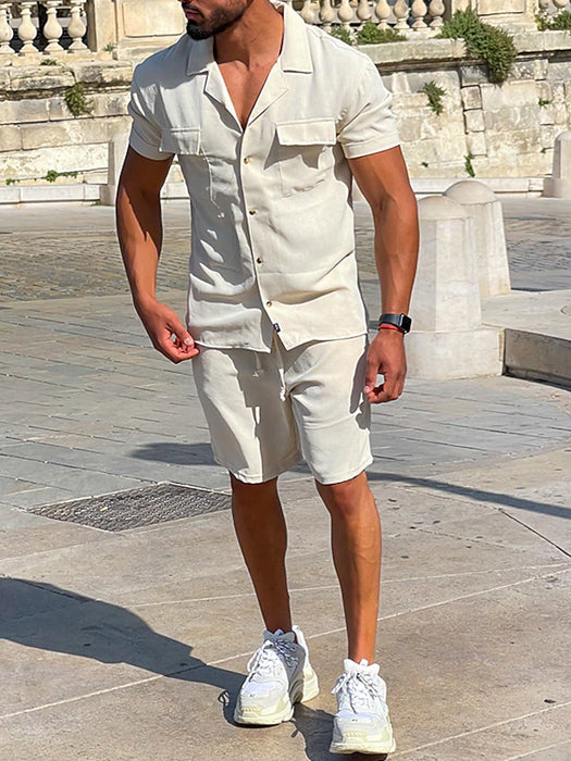 Men's Shirt 2 Piece Shirt Set Summer Set Black White Short Sleeve Plain V Neck Spring & Summer