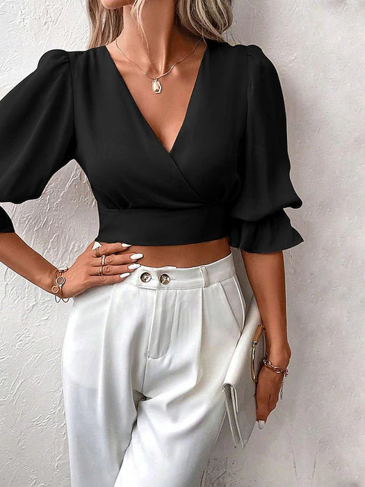 Shirt Blouse Women's Black Beige Plain Cropped Street Daily Fashion V Neck Regular Fit