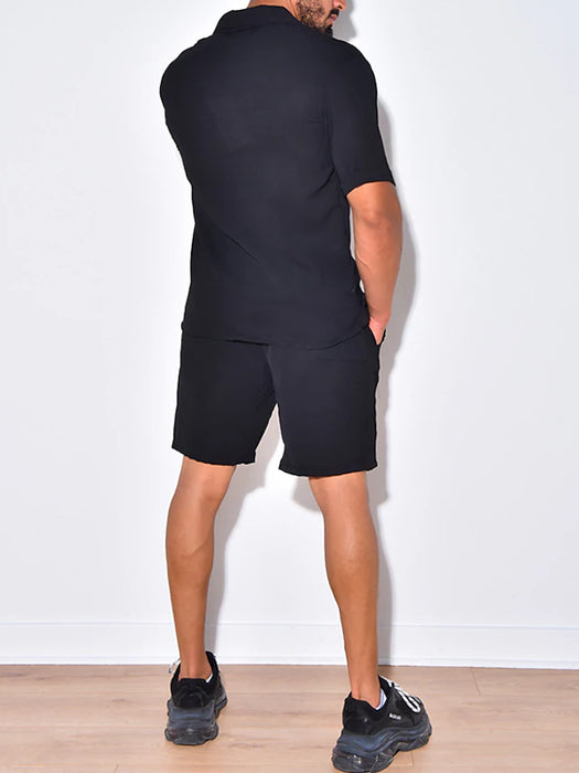 Men's Shirt 2 Piece Shirt Set Summer Set Black White Short Sleeve Plain V Neck Spring & Summer