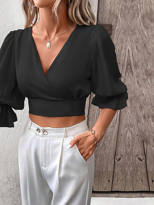 Shirt Blouse Women's Black Beige Plain Cropped Street Daily Fashion V Neck Regular Fit