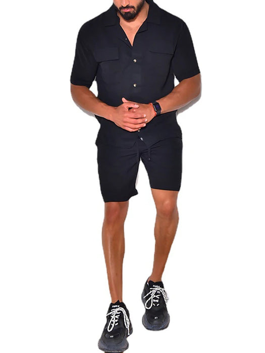 Men's Shirt 2 Piece Shirt Set Summer Set Black White Short Sleeve Plain V Neck Spring & Summer