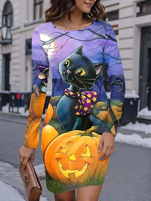 Women's Polyester Casual Dress Sheath Dress Animal Halloween Print Crew