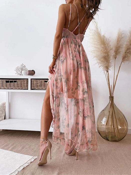 Women's Casual Dress Swing Dress Floral Backless Print Halter Neck Midi Dress Vacation Sleeveless Summer