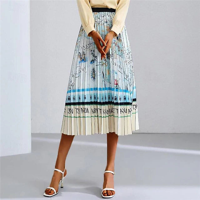 Women's Skirt A Line Midi High Waist Skirts Ruched Pleated Print Graphic Color Block