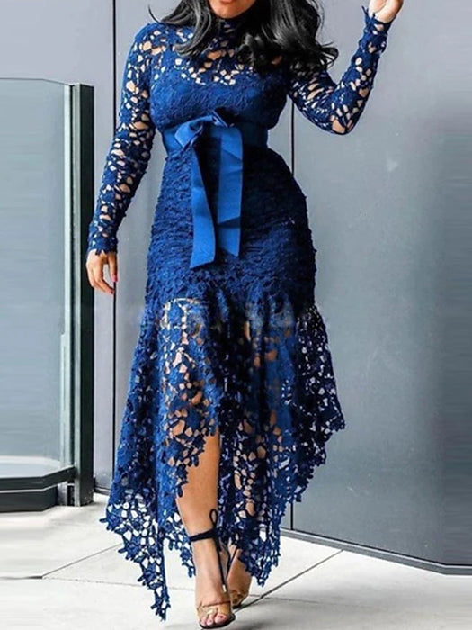Women's Plus Size Curve Party Dress Lace Dress Solid Color Turtleneck Lace Long Sleeve