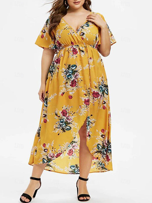 Women's Casual Dress Summer Dress Floral Split Print V Neck Midi Dress Streetwear