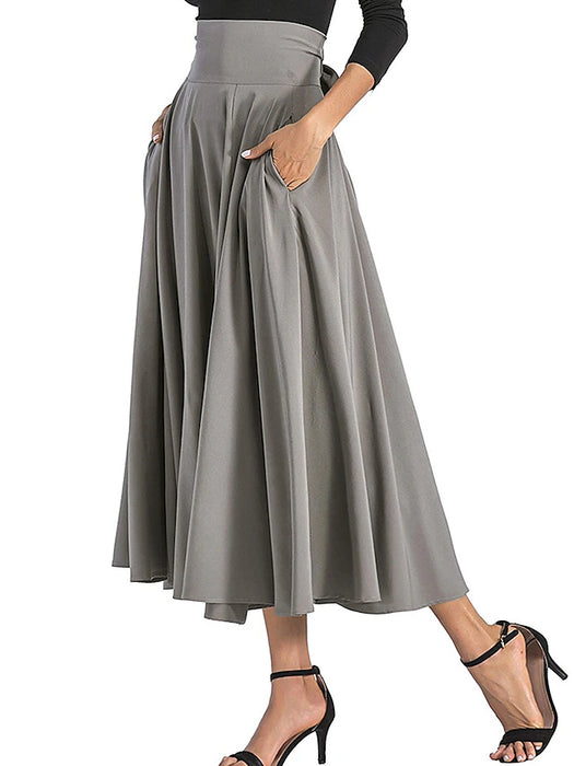 Women's Skirt A Line Swing Maxi High Waist Skirts Pleated Pocket Bow Solid Colored Street