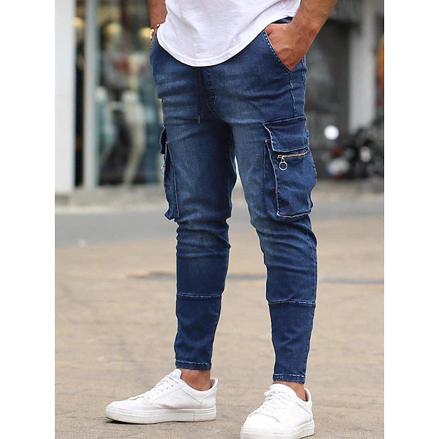 Men's Jeans Cargo Pants Skinny Trousers Denim Pants Zipper Multi Pocket Plain