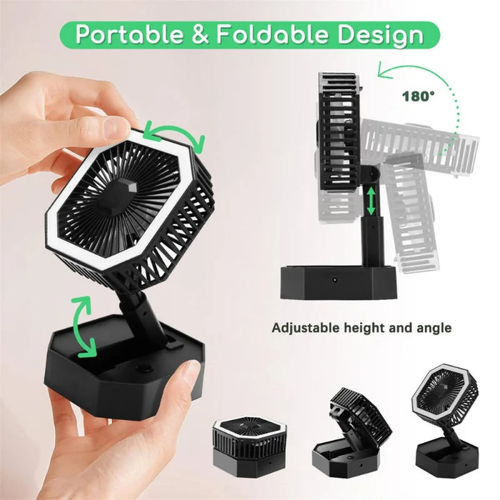 Portable Fan Rechargeable Adjustable Height Angle With LED Light USB Foldable Mini Fan