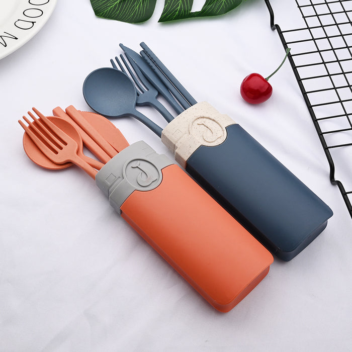 5 PCS set Portable Cutlery Tableware Knife Fork Spoon Chopsticks Set Storage Box Wheat Straw