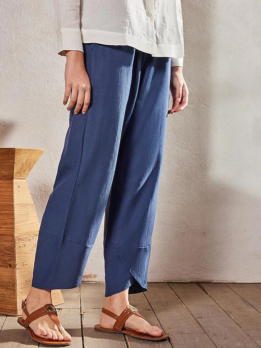 55% Linen Women's Blue Linen Pants Plain Straight Pocket Basic Casual Chinos Pants