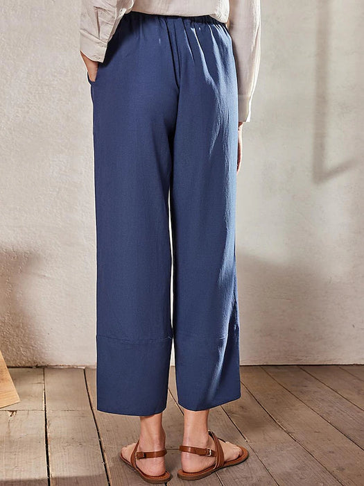 55% Linen Women's Blue Linen Pants Plain Straight Pocket Basic Casual Chinos Pants