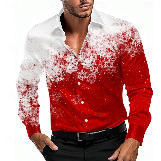 Christmas Men's Snowflake Dress Shirt Button Up Shirt Long Sleeve Casual