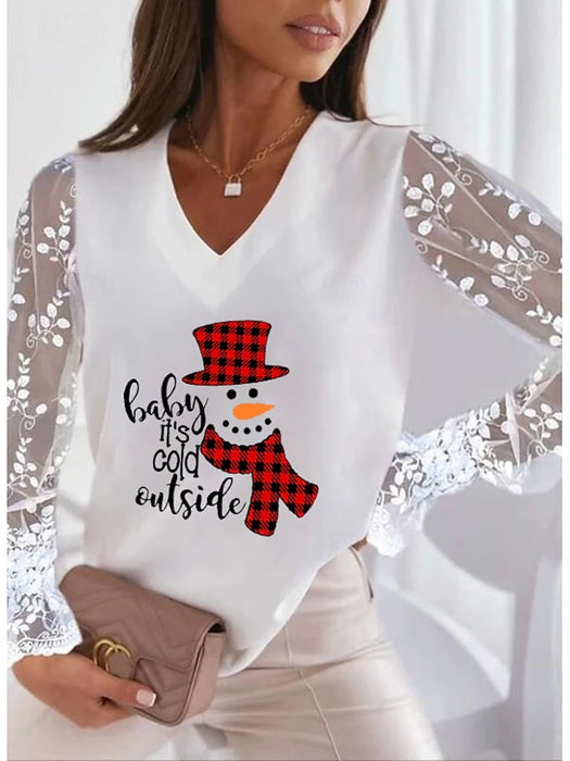 Christmas Shirt Women's T shirt Tee Lace Splicing Top Mesh Lace Patchwork