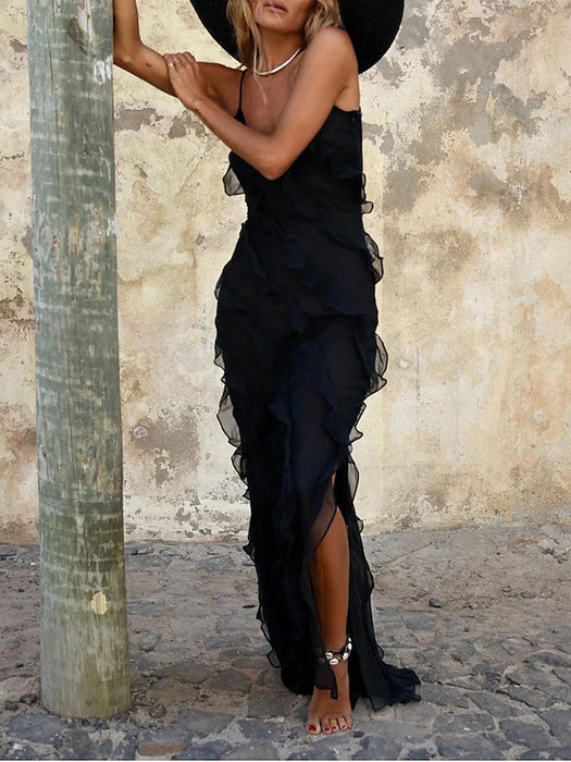 Women's Black Dress Prom Dress Party Dress Ruffle Split Sleeveless