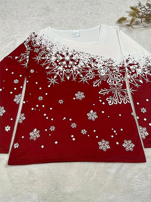 Women's Christmas T-Shirt Snowflake Print 3/4 Sleeve Scoop Neck Gradient