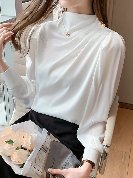 Women's Shirt Blouse Satin Plain Work Black White Red Long Sleeve