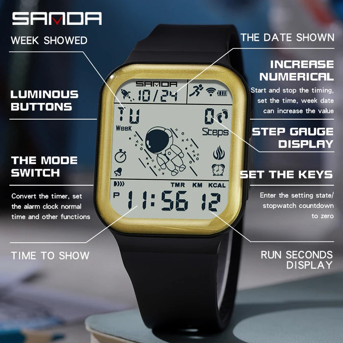 SANDA Men Digital Watch Fashion Casual Wristwatch Luminous Stopwatch Alarm Clock Countdown TPU Watch