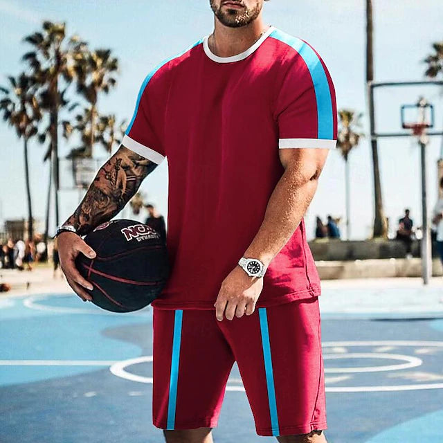 Men's Matching Sets Wine Red T shirt Tee Tee Top Sweat Shorts Summer Shorts Sets