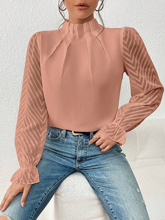 Women's Shirt Blouse Plain Casual Black White Pink Mesh Long Sleeve