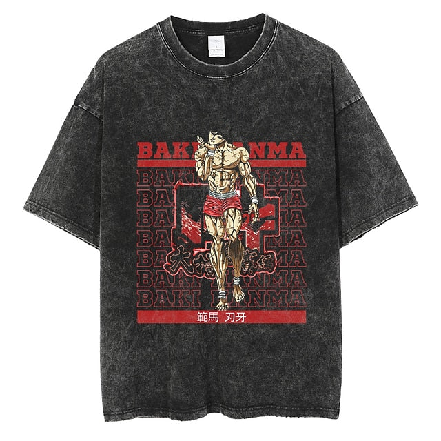 Baki the Grappler Hanma baki T-shirt Oversized Acid Washed Tee Print Retro
