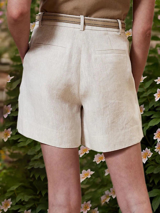 100% Linen Women's Shorts Beige High Waist Breathable And Soft Luxurious