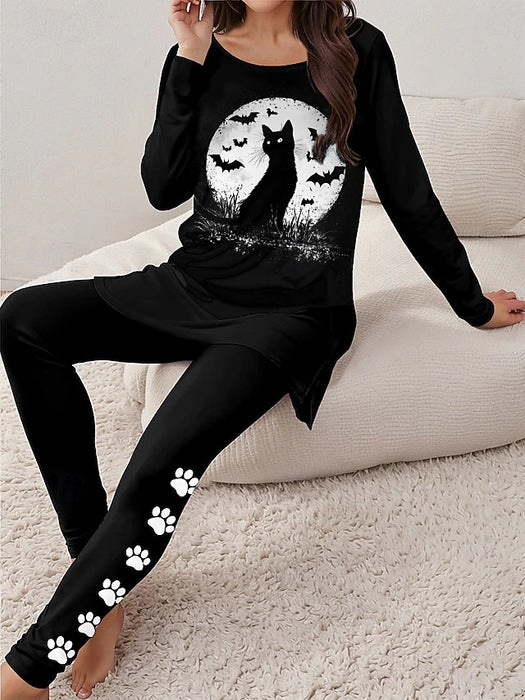 Women's Pajamas Cat Halloween Simple Home Polyester Long Sleeve Spring Fall