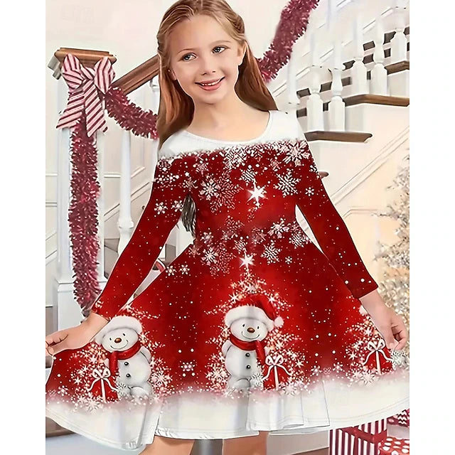 Christmas Girls' 3D Graphic Snowman Snowflake Christmas Dress Dress Snowflake Dress Long Sleeve