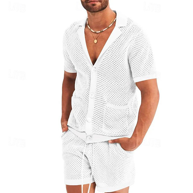 Men's Shirt Shirt Set Button Up Shirt Casual Shirt Summer Shirt Black White Royal Blue Light Grey Light Blue Short Sleeve