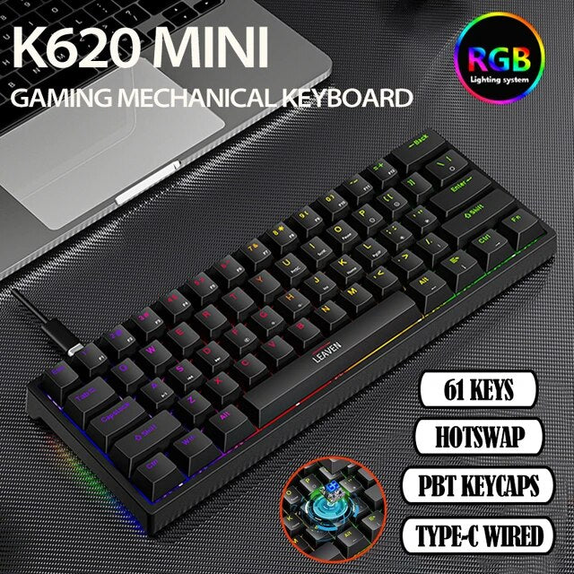 K620 Mini Gaming Mechanical Keyboard green Axis Red Axis 61 Keys RGB Hotswap Type-C Wired Gaming