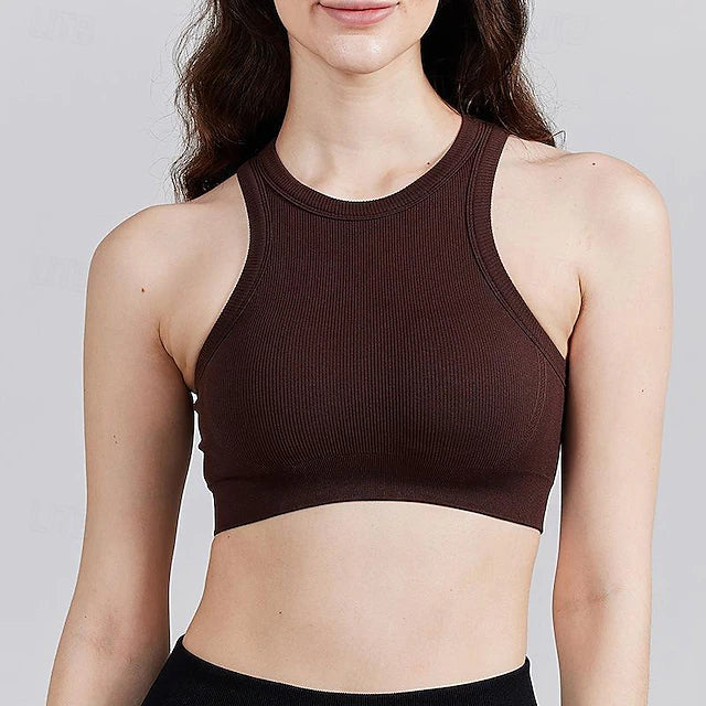 Women's Crew Neck Sports Bra Strap Tank Padded Bra Light Support Fall Sporty Solid Color