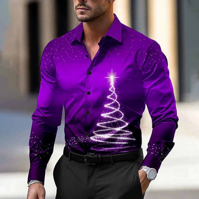 Christmas Men's Christmas tree Printed Shirts Sparkly Casual Dress Button Up Long Sleeve