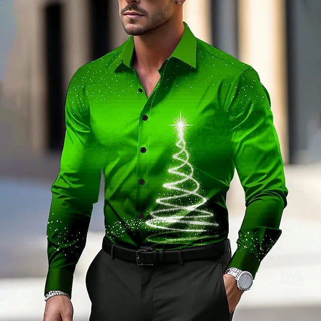 Christmas Men's Christmas tree Printed Shirts Sparkly Casual Dress Button Up Long Sleeve