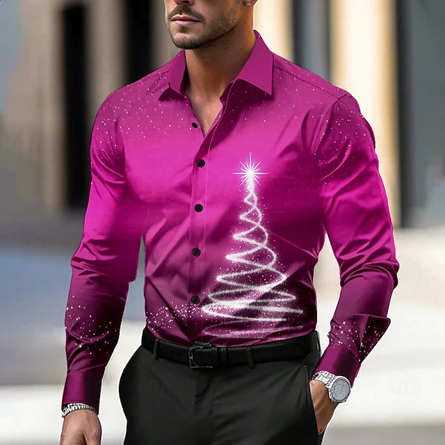 Christmas Men's Christmas tree Printed Shirts Sparkly Casual Dress Button Up Long Sleeve